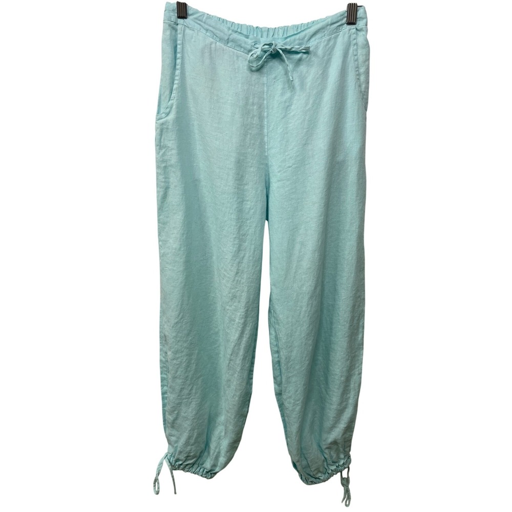 Bryn Walker Linen Cropped Pants Jogger Blue Elastic Waist Tie Cuff USA Beach S